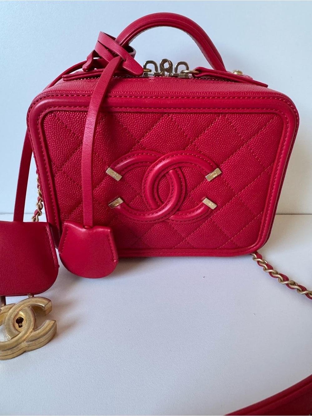 CHANEL Filigree Quilted Mini Vanity Bag in Vibrant Red with Gold Hardware